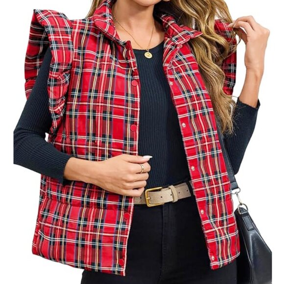NEW Red Plaid Puffer Ruffle Sleeveless Lightweight Vest XXL - Picture 1 of 11